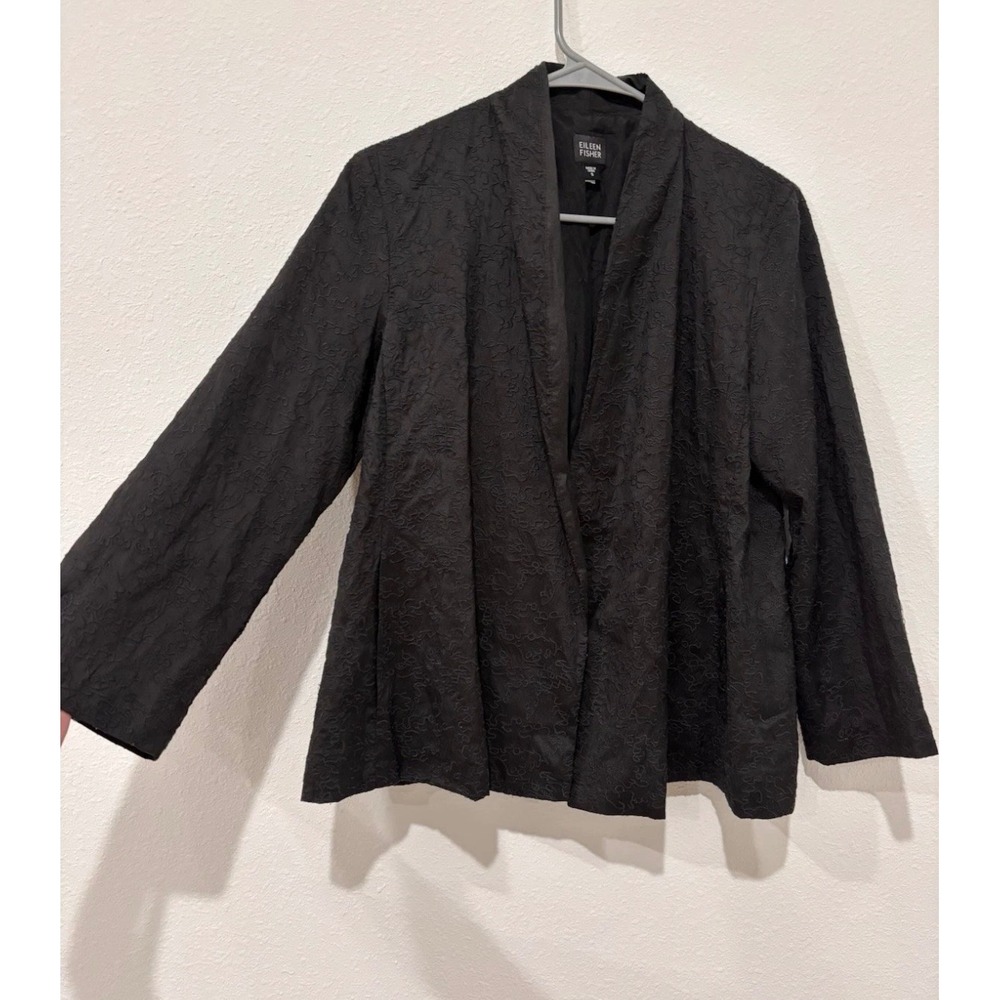 Eileen Fisher Black 100% Silk Embroidered Open Front Jacket Shawl Collar Small - Picture 3 of 12